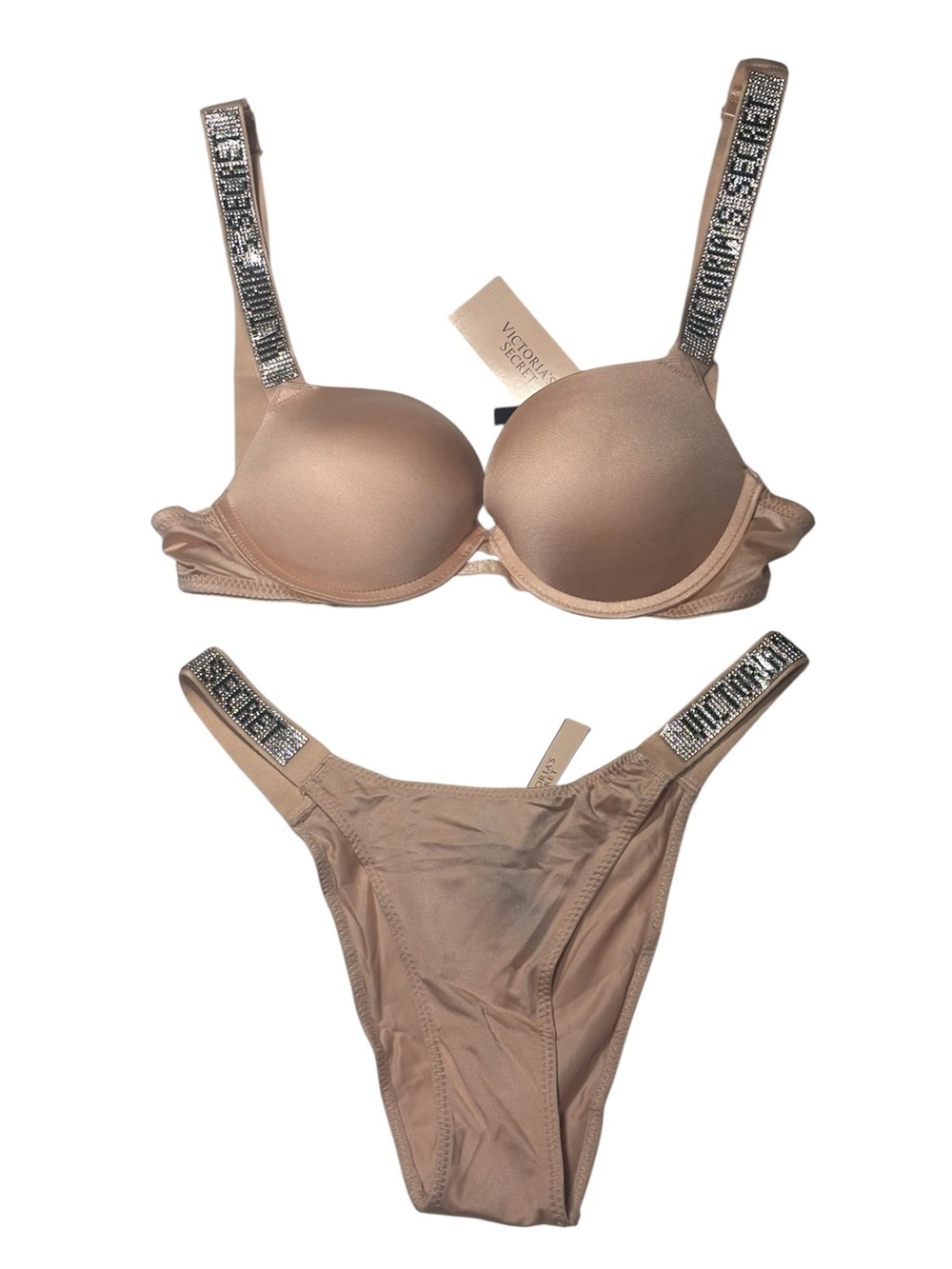 NWT Victoria's Secret Shine Strap Push up Bra and Bikini Panty Set in Beige